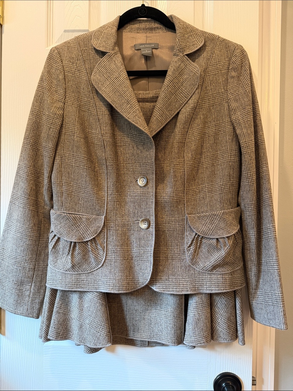 Ann Taylor Taupe Glen Plaid Peplum 2 Piece Skirt Suit
